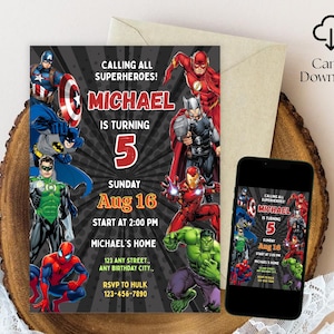 May include: A superhero-themed birthday invitation featuring Captain America, Batman, and other comic book characters. The invitation includes the text "MICHAEL IS TURNING 5" and event details. A smartphone displays the same design.
