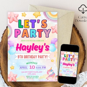 Op de afbeelding: Een kleurrijke verjaardagsuitnodiging met de tekst "LET'S PARTY" en "Hayley's 9th Birthday Party!". Het ontwerp bevat sterren, ballonnen, een regenboog en een eenhoorn. Een smartphone toont dezelfde uitnodiging.