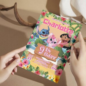 May include: A colorful invitation featuring characters from the animated film Lilo & Stitch. The invitation reads "Charlotte 9th Bday" with the date May 23rd and the time 3:00 PM. The design includes tropical flowers and palm trees.