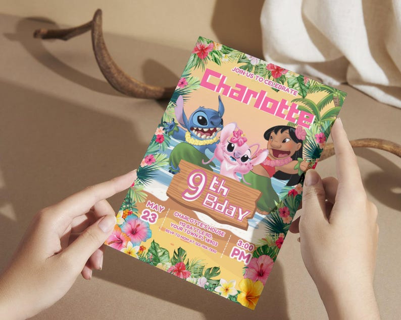 May include: A colorful invitation featuring characters from the animated film Lilo & Stitch. The invitation reads "Charlotte 9th Bday" with the date May 23rd and the time 3:00 PM. The design includes tropical flowers and palm trees.