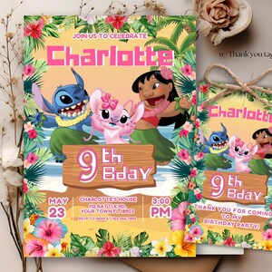 May include: A birthday party invitation and thank you tag featuring cartoon characters Stitch, Angel, and Lilo. The invitation has the name "Charlotte" in pink, with the text "9th Bday" and party details. The thank you tag has the same design.