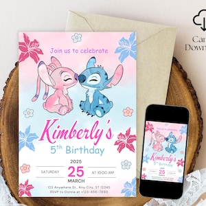 Stitch and Angel Birthday Invitation, Editable Stitch Birthday Invitation, Digital Party Invite, Stitch Birthday Party Invitation Printable