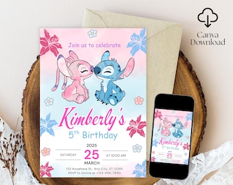 Stitch and Angel Birthday Invitation, Editable Stitch Birthday Invitation, Digital Party Invite, Stitch Birthday Party Invitation Printable