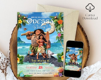 Invito di compleanno modificabile per Baby Moana / Invito di compleanno stampabile per Baby Moana / Modello per feste per bambini / Invito in Canva / Download immediato