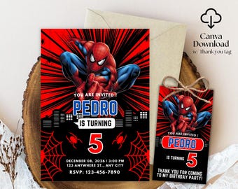 Spider-Man verjaardagsuitnodiging | Bewerkbare en afdrukbare sjabloon | Leuke Spider-Man-feestuitnodiging | Eenvoudig bewerken in canvas | Direct downloaden