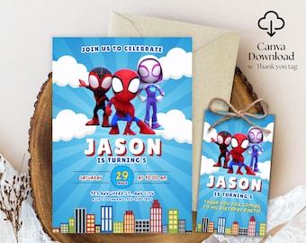 Bewerkbare verjaardagsuitnodiging voor Spidey en zijn geweldige vrienden | Sjabloon afdrukbare feestuitnodigingen | Digitale kinderuitnodiging | Direct downloaden