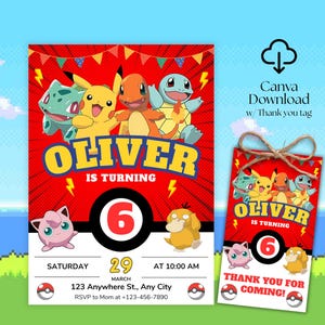 May include: A red and yellow birthday party invitation featuring cartoon characters. The invitation includes the name "OLIVER" and the number "6", along with event details. A matching thank you tag is also shown.