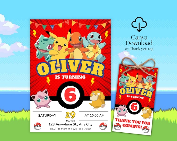 Editable Pokemon Invitation, Pokemon Birthday Invitation, Printable Birthday Party Invitations, Digital Bday Party Invite Template