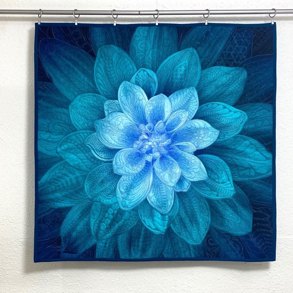 Dream Big Embroidered Wall Hanging "TEAL", Art Quilt, Dramatic Dahlia Quilt, Floral Art quilt, Wall Decor, Baby Quilt, Christmas Quilt gift.