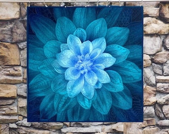 Teal Dahlia Embroidered Art Quilt - Dream Big Floral Wall Hanging