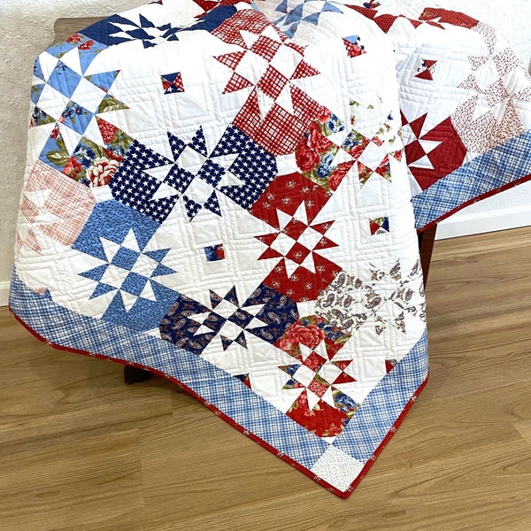 Belle Isle Handmade Quilt, handmade throw quilt, patchwork quilt, handmade cotton quilt, gift for vetrans, Patriotic handmade quilt