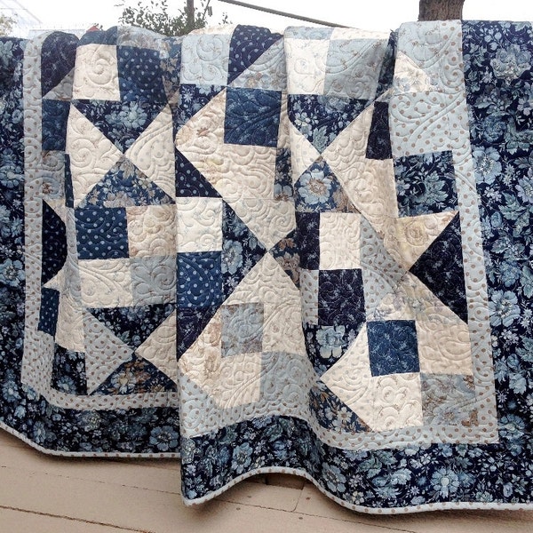 Throw Quilt Snowbird HANDMADE Patchwork Quilt Laundry Basket Quilts Moda Blue Navy Cream  63x71"
