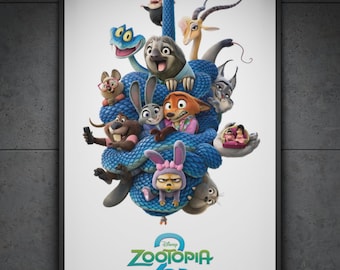 May include: A movie poster for Disney's "Zootopia 2" featuring various animal characters intertwined with a blue snake. The poster includes the film's title and the release date, "ONLY IN THEATERS NOVEMBER 26."
