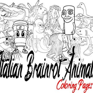 May include: Black and white coloring page featuring a variety of cartoon animals, including a cat, a frog, a shark, an alligator, a gorilla, an elephant, a bird, and a human-like figure. The text "Italian Brainrot Animals Coloring Pages" is written at the bottom of the page.