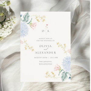 Blumenhochzeitseinladung, minimalistische Hochzeitseinladungsfolge, minimale Einladung, einfache bearbeitbare Einladungsvorlage, Blumenhochzeitseinladung
