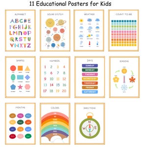 Paquete de carteles educativos para niños, impresiones para la educación en el hogar, decoración de aulas Montessori, sala de juegos para niños pequeños, guardería infantil colorida, impresión de arte de pared de 11