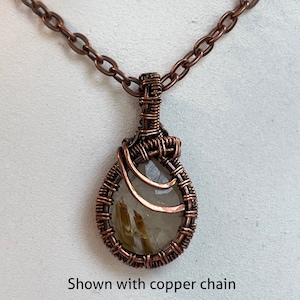 Golden Rutilated Quartz Crystal Pendant Necklace with Woven Copper Wire Frame, Boho Jewelry image 4