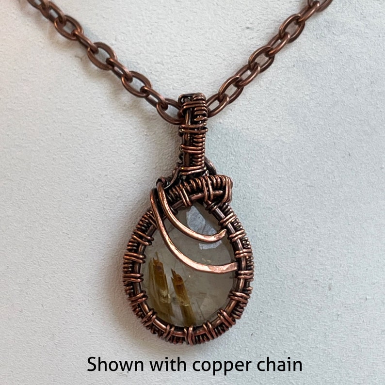 Golden Rutilated Quartz Crystal Pendant Necklace with Woven Copper Wire Frame, Boho Jewelry image 4