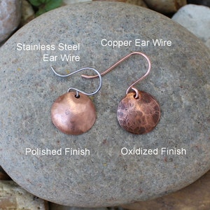 Small hammered copper domed disc earrings in choice of oxidized or shiny finish plus choice of copper or stainless steel ear wires.