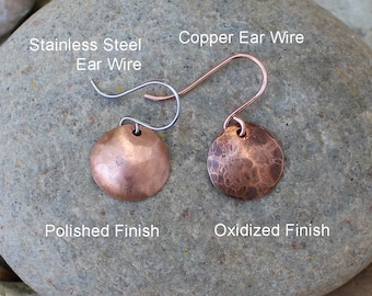 Small Hammered Copper Disc Earrings, Rustic Boho Jewelry, Everyday Earrings