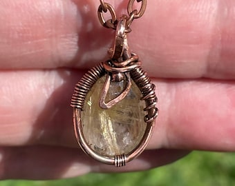 Rutilated Quartz Crystal, Wrapped Copper Wire Pendant Necklace with Leaf Shape, Boho Jewelry