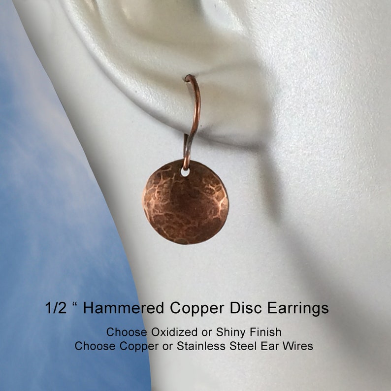 Small Hammered Copper Disc Earrings, Rustic Boho Jewelry, Everyday Earrings image 2