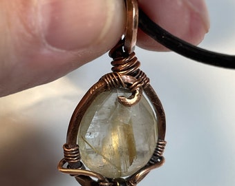 Golden Rutilated Quartz Crystal Pendant Necklace with Copper Frame, Boho Jewelry