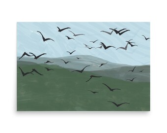 Washy Hills and Birds Art Print on Paper