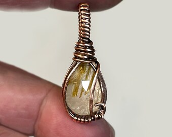 Rutilated Quartz Crystal Pendant Necklace wrapped with raw copper wire, Boho Jewelry
