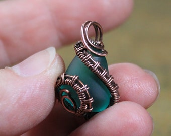 Green Sea Glass Pendant Necklace with Woven Copper Wire Wrap, Boho Jewelry