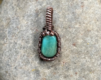 Small Turquoise Pendant Necklace with Woven Copper Wire Frame, Boho Jewelry