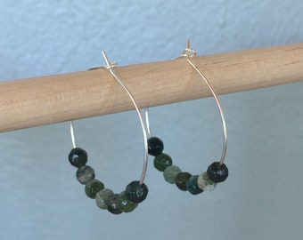 Moss Agate Hoop Earrings, Casual Boho Jewelry,