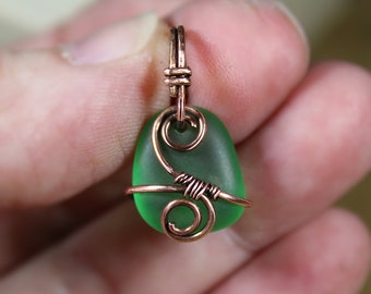 Small Green Sea Glass and Copper Pendant Necklace, Boho Jewelry