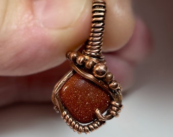 Small Goldstone & Copper Wrapped Pendant Necklace, Boho Jewelry