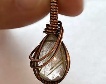 Golden Rutilated Quartz Crystal and Copper Wire Wrapped Pendant Necklace, Boho Jewelry