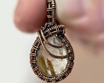Golden Rutilated Quartz Crystal Pendant Necklace with Woven Copper Wire Frame, Boho Jewelry
