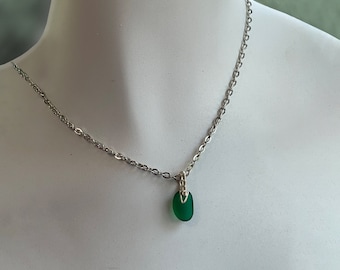 Tiny Green Sea Glass  & Silver Pendant Necklace, Boho Jewelry