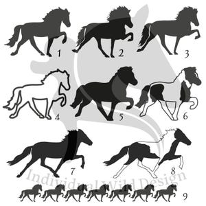 Könnte beinhalten: Eine Sammlung von neun Pferdesilhouetten in verschiedenen Posen, von tiefschwarz bis zu einer weißen Umrandung mit schwarzen Markierungen. Das Bild enthält auch eine Reihe kleinerer Pferdesilhouetten am unteren Rand.