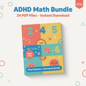 Puede incluir: Un libro colorido titulado "ADHD Math Bundle" con el texto "24 PDF Files - Instant Download". La portada presenta un diseño de cuadrícula con números, símbolos matemáticos y cerebros de dibujos animados. El libro está diseñado para niños de 8 a 11 años.