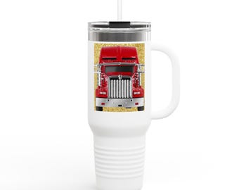 Red Semi Truck Travel Mug | 40oz Insulated Tumbler, Big Rig Truck Design