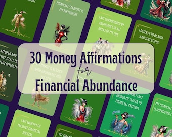 May include: A collection of 30 money affirmation cards for financial abundance. Each green card features a different affirmation in white text, with art deco illustrations of women in elegant attire. The cards are arranged on a dark purple background.