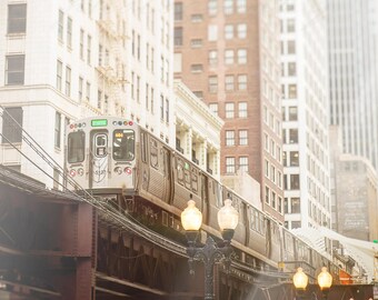 CTA Train Photograph, Chicago Loop, Skyline Photography, Urban Art - Chicago Home Decor, White Wall Art Print, Green Line, Gray, Beige, Pink