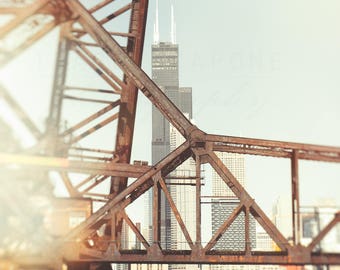 Chicago Photography, Bridge Wall Art Print, Sears Tower Photograph, Chicago Skyline,  pastel art, light blue, pale yellow, Urban Home Decor