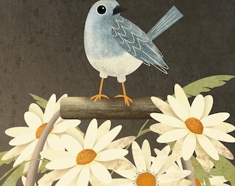 Illustration of Blue Bird Atop a Vintage Teapot Filled with White Daisies | Original Nature Illustration