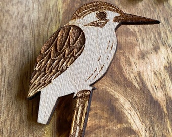 Wood Kingfisher Pin | Laser Engraved Bird Illustration | Wearable Art | Gifts Under 10