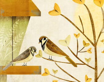 Original Bird Illustration - Two Sparrows and a Bird House With Flowers - Nature Illustrations