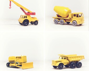 Kids Room Art, Nursery Decor Boy, Boys Room, Four Wall Art Prints - Print Set, Construction Vehicle, Toy Photograph, Yellow Decor, Dark Red