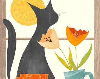 Black Cat Illustration | Flower Art | Whimsical Wall Decor | Tea Artwork