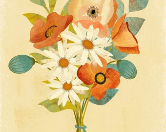 Illustration of a Colorful Bouquet of Poppy Flowers and Pods With White Daisies - Original Floral Wall Art