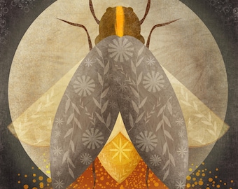 Firefly Illustration - Lightening Bug Lighting Up the Sky in Front of a Large Harvest Moon - Folk Art Inspired Decor